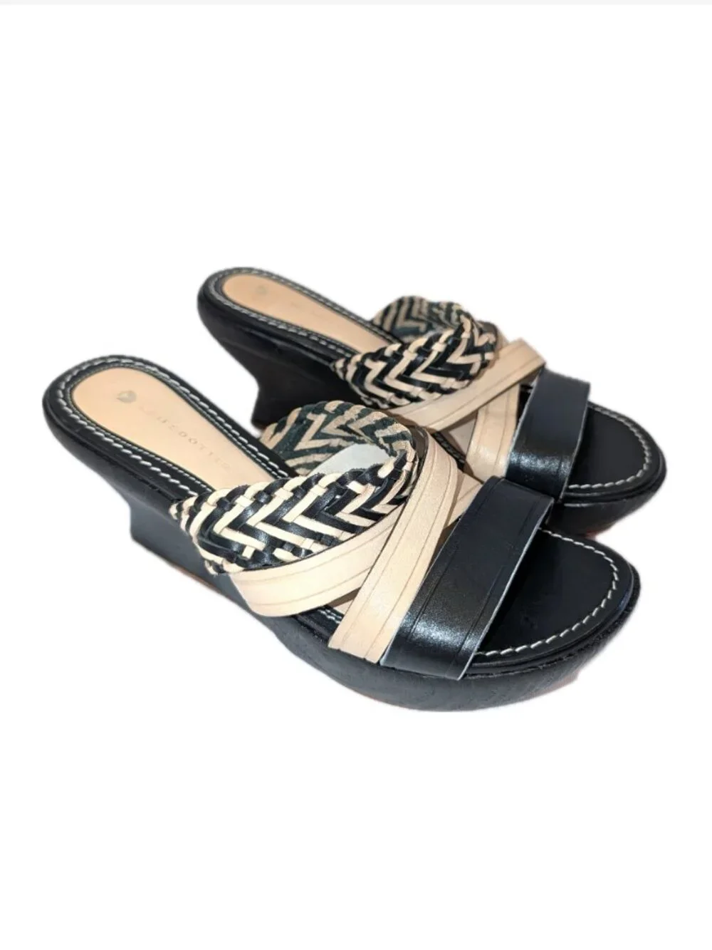 Leifsdottir | Anthropologie Black & Beige Wooden & Leather Wedge Sandals |	EU 38